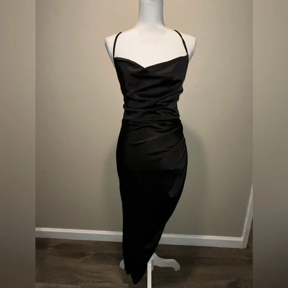 sachin and babi light blue dress Black Satin Cowl Neck Maxi Dress Alesso Black Satin Cowl-Neck Slip-Maxi  Dress  Club L